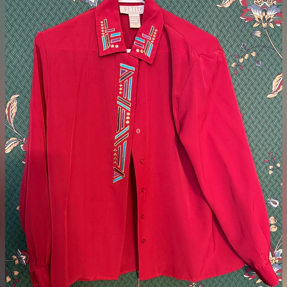 Petite Sophisticate Bright Red Button-Down Shirt with Geometric Trim